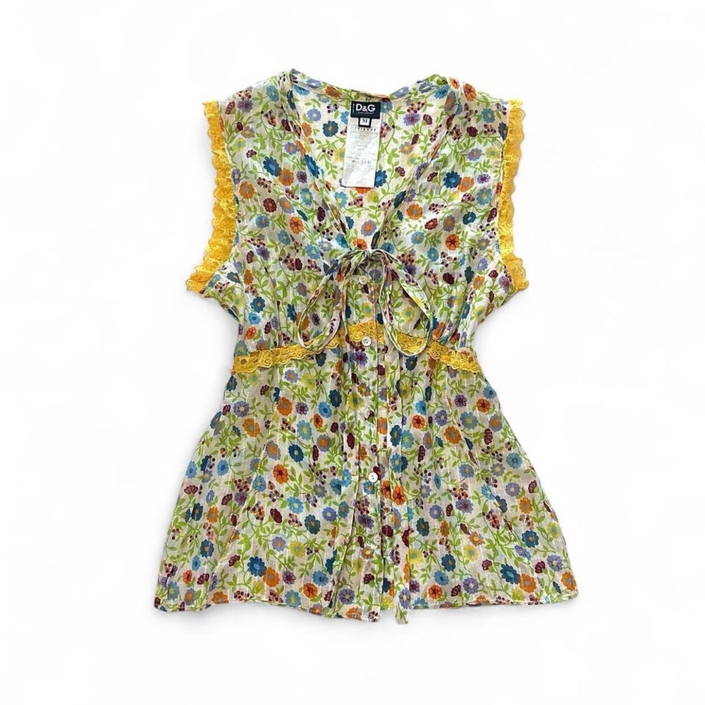 Dolce & Gabbana Girls Floral Tie-Front Blouse with Yellow Trim